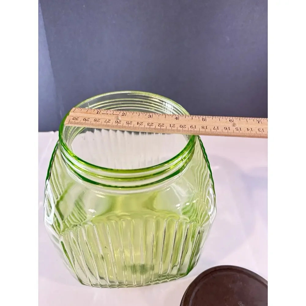 1930s Uranium Vaseline Glass Hoosier Style Canister Jar Ribbed UV Glow Lid
